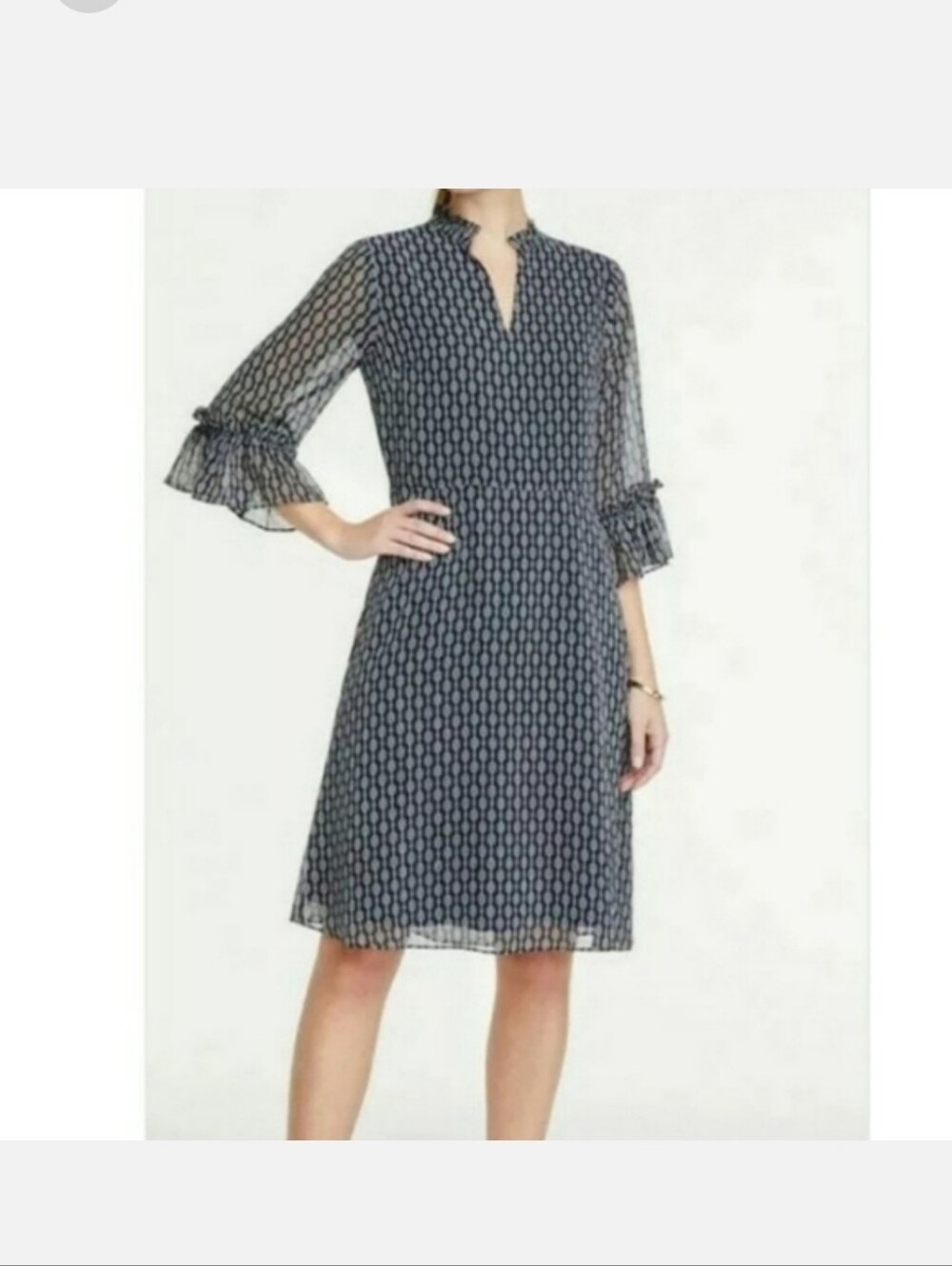 Sheer Sleeve Navy Chain Link Patterned A-Line Dress